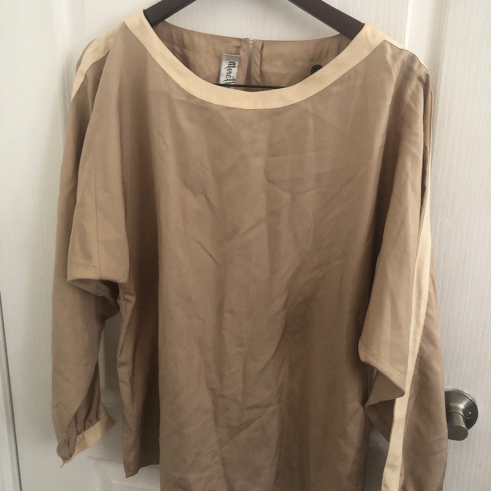 Neutral Beige Silk Blouse with Contrast Trim